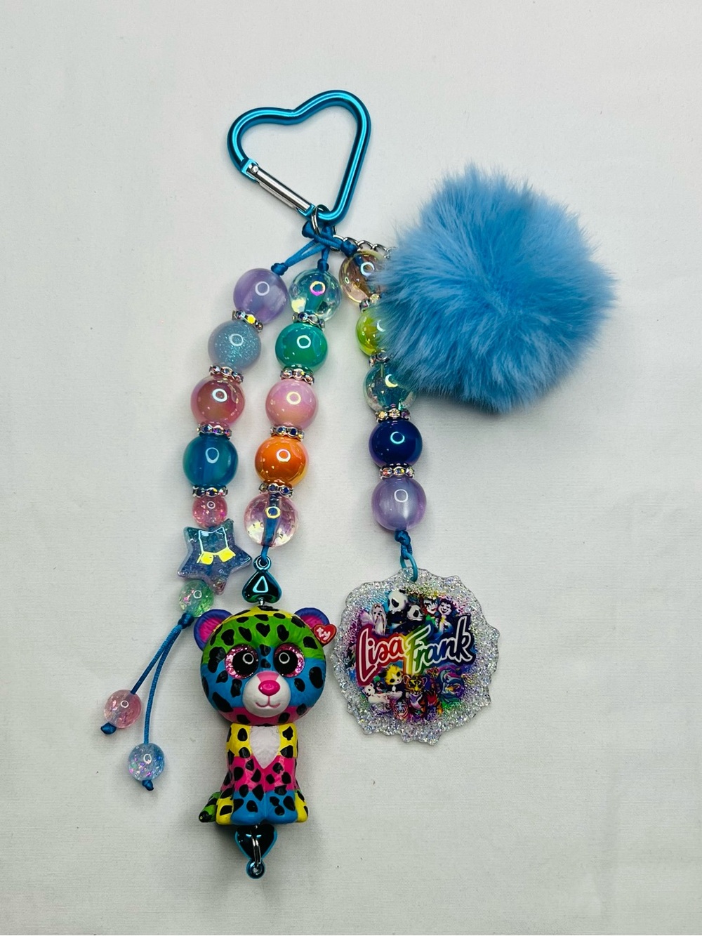 Lisa Frank Blue Pom-Pom Keychain Charm bag charms Multicolor Beads & Leopard